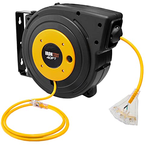 40 Ft Retractable Extension Cord Reel - 2 In 1 Mountable & Portable Power  Cord Reel with 3 Electrical Outlets - 12/3 SJTW Heavy Duty Yellow Cable -  Perfect for Hanging from Your Garage Ceiling 