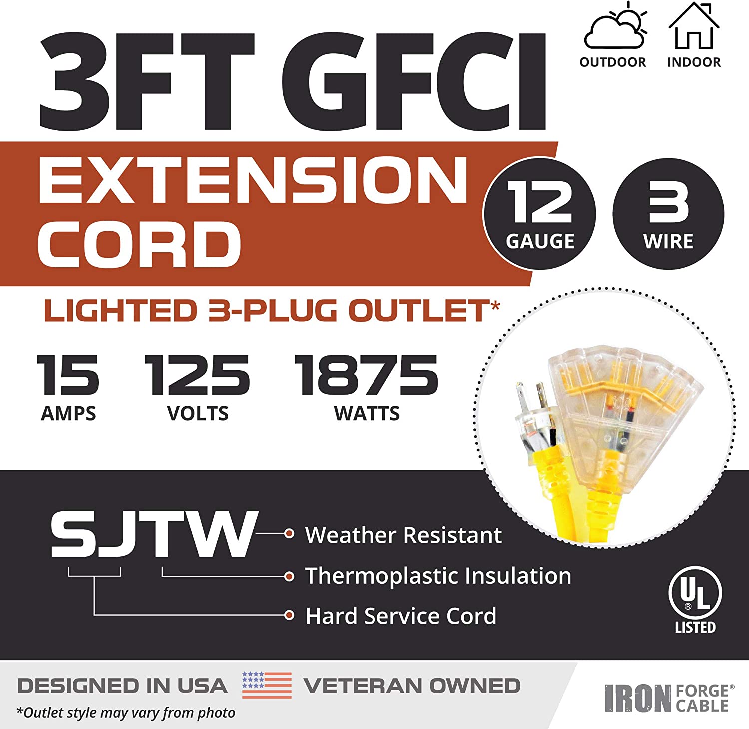 Pigtail 3 Outlet Lighted Outdoor GFCI Extension Cord 12/3 SJTW Heavy