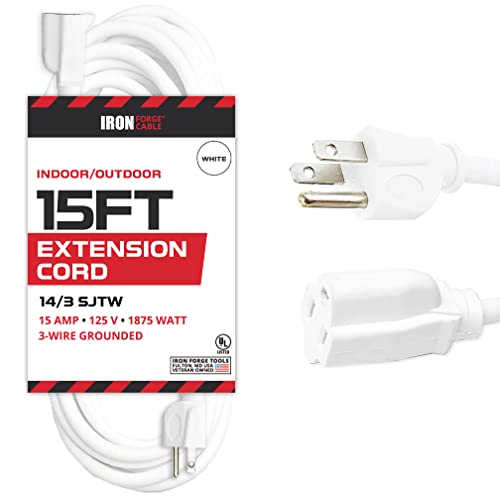 15 Foot Outdoor Extension Cord - 14/3 SJTW Heavy Duty White Cable with 3 Prong Grounded Plug for Safety - Great for Garden and Major Appliances