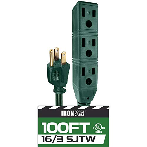 100 Ft Extension Cord with 3 Electrical Power Outlets - 16/3 SJTW Durable Green Cable