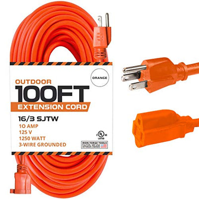 100 Ft Orange Extension Cord - 16/3 SJTW Heavy Duty Outdoor Extension Cable with 3 Prong Grounded Plug for Safety - Great for Garden & Major Appliances