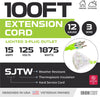 100 Ft Outdoor Extension Cord-3 Outlet-12/3 Neon-12 Gauge Lighted-3 Prong Plug