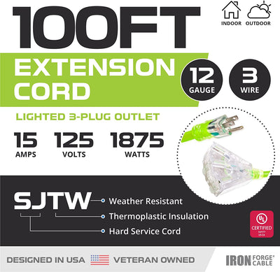 100 Ft Outdoor Extension Cord-3 Outlet-12/3 Neon-12 Gauge Lighted-3 Prong Plug