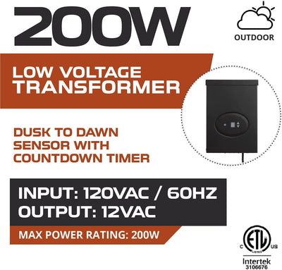 200 Watt Low Voltage Transformer for Landscape Lights - 120V AC to 12V AC Outdoor Lighting Transformer with Dusk to Dawn Sensor & Countdown Timer