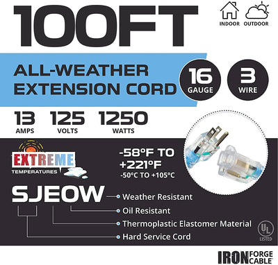 100 Ft All Weather Extension Cord - 16/3 SJEOW Lighted Outdoor Electrical Cable