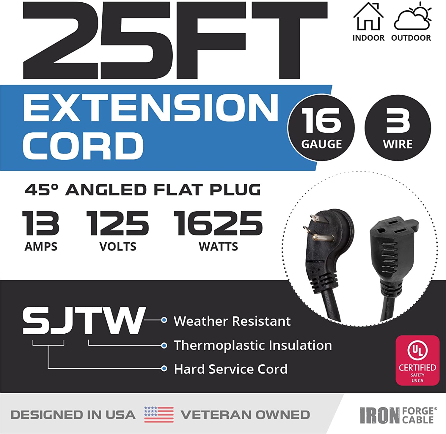 25 Ft Indoor Extension Cord with 45¬¨¬®‚Äö√†√ª Angled Flat Plug