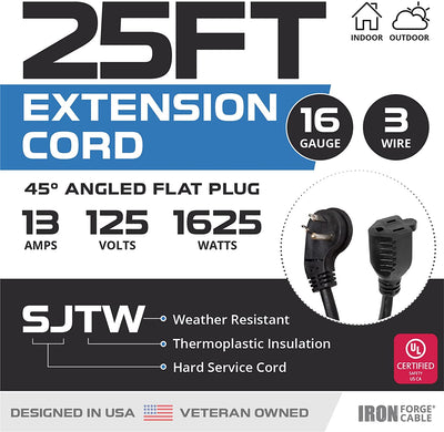 25 Ft Indoor Extension Cord with 45¬¨¬®‚Äö√†√ª Angled Flat Plug - 16/3 SJTW Durable Black Electrical Cable