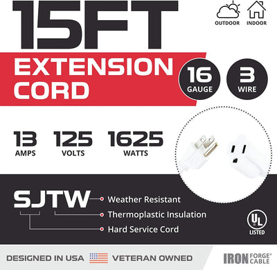 15 Ft White Extension Cord - 16/3 SJTW Durable Electrical Cable