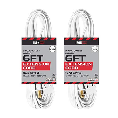 6 Ft White Extension Cord 2 Pack - 16/2 Durable Electrical Cable