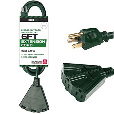 6 Ft Outdoor Extension Cord - 3 Outlets -16/3 Durable Green Cable -3 Prong Plug