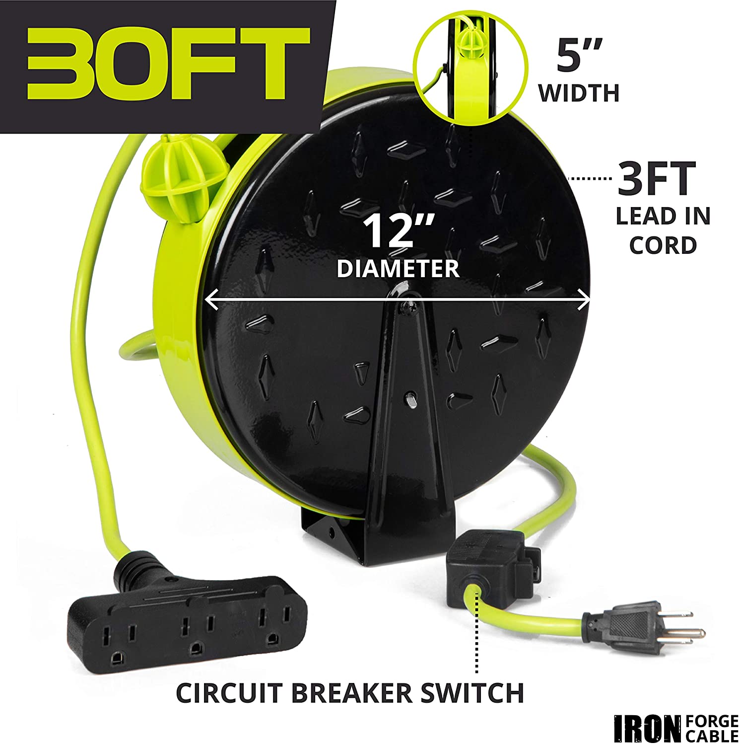 30Ft Retractable Extension Cord Reel with Breaker Switch & 3 Electrical  Power Outlets - 16/3 SJTW Durable Green Cable - Perfect for Hanging from  Your