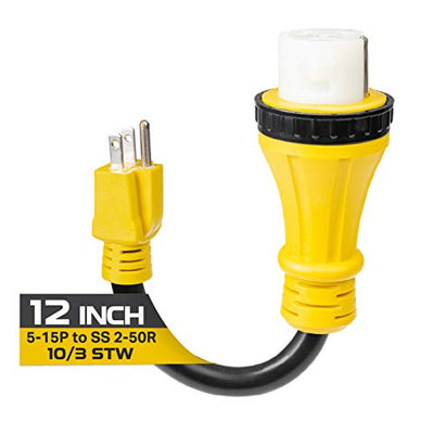 Iron Forge Cable 15 Amp to 50 Amp RV Electrical Adapter Power Cord, 12 Inch - 10/3 STW 5-15P Male Plug to SS 2-50R Female Receptacle, Yellow
