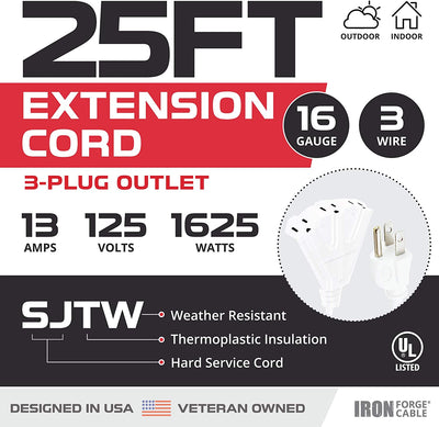 25 Ft Outdoor Extension Cord with 3 Electrical Power Outlets - 16/3 SJTW Durable White Cable