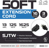50 Ft Black Extension Cord - 16/3 Durable Electrical Cable
