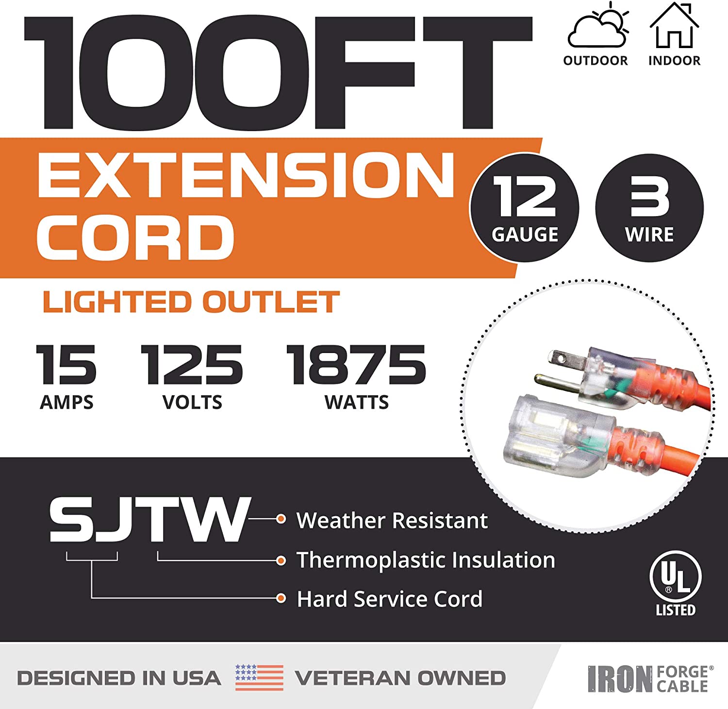50 ft. x 12/3 Gauge Outdoor Extension Cord, Orange