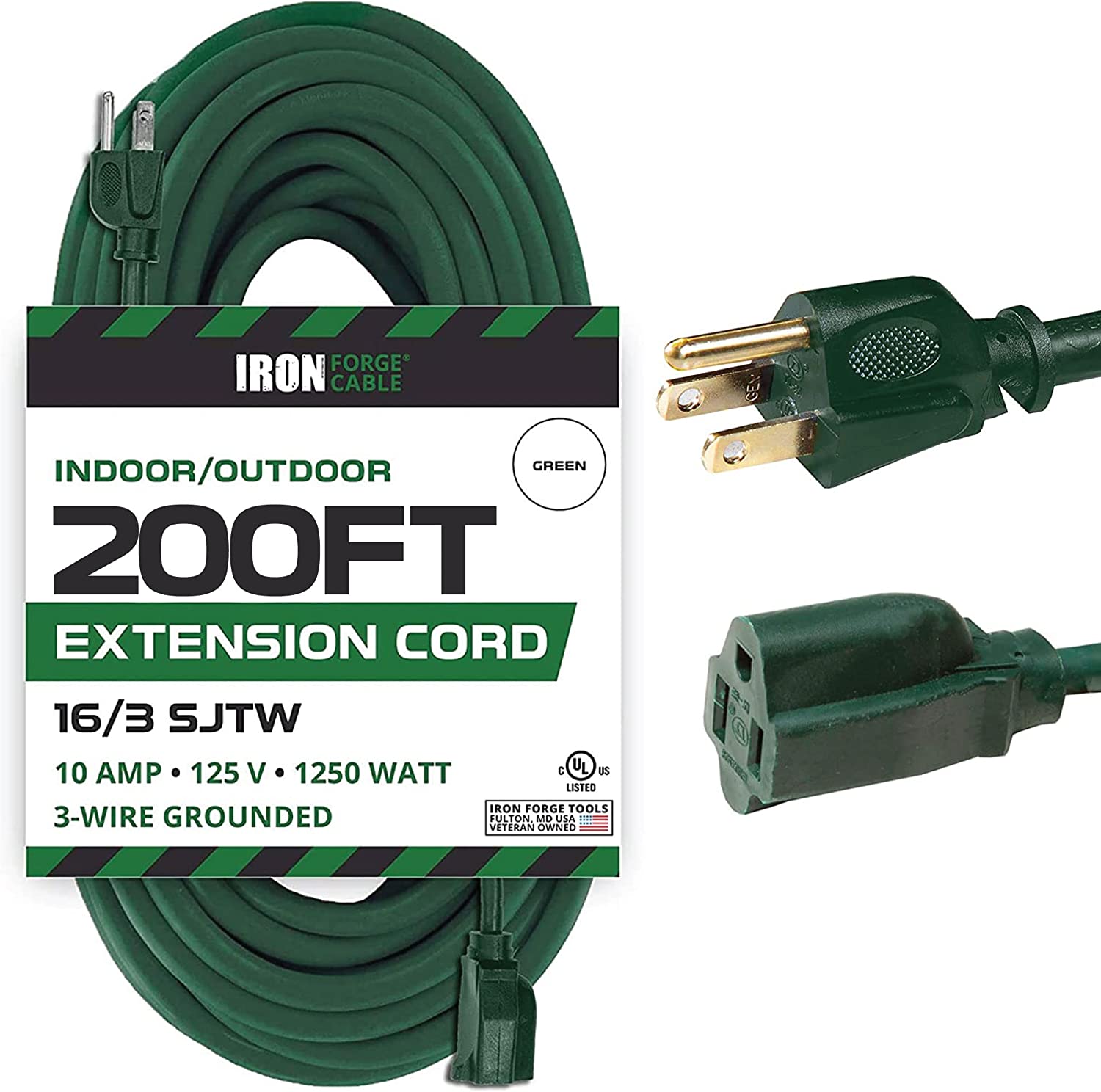200 Ft Outdoor Extension Cord - 16/3 SJTW Durable Green Cable -3 Prong Plug