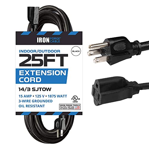 25 Ft Black Oil Resistant Outdoor Extension Cord for Farms and Ranches - 14/3 SJTOW Heavy Duty Cable with 3 Prong Grounded Plug for Safety