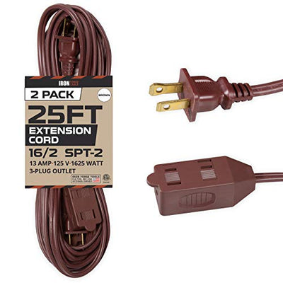25 Ft Brown Extension Cord 2 Pack - 16/2 Durable Electrical Cable