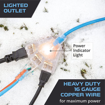 50 Ft All Weather Extension Cord with 3 Electrical Power Outlets - Stays Flexible in Extreme Cold & Hot Temperatures from -58¬¨¬®‚Äö√†√ªF to +221¬¨¬®‚Äö√†√ªF - 16/3 SJEOW Lighted Outdoor Cable