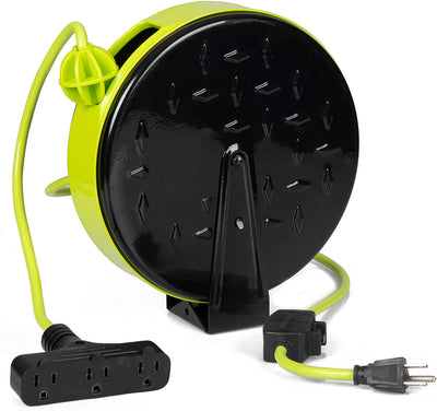 30Ft Retractable Extension Cord Reel with Breaker Switch & 3 Electrical Power Outlets - 16/3 SJTW Durable Green Cable - Perfect for Hanging from Your Garage Ceiling
