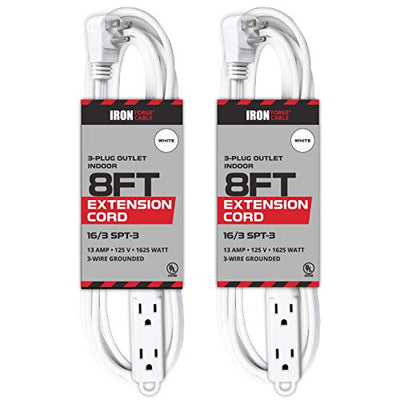 2 Pack of 8 Ft Extension Cords with 3 Electrical Power Outlets - 16/3 Durable White Cable