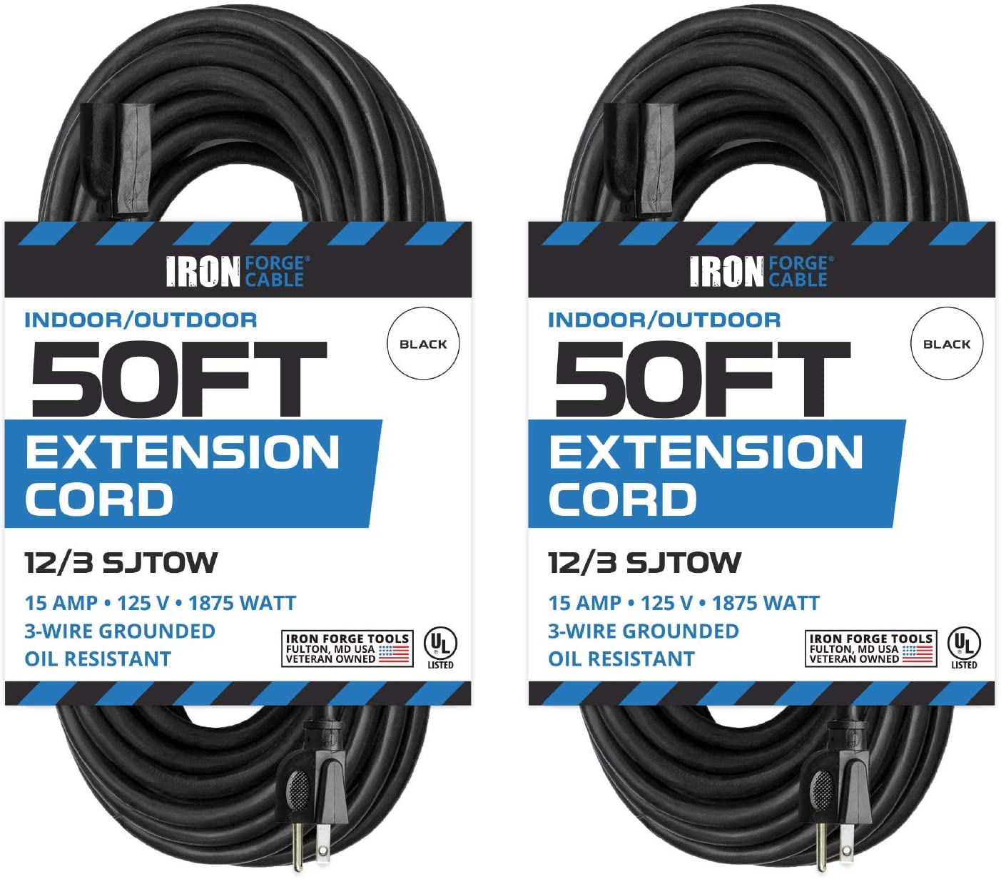2 Pack of 50 Ft Oil Resistant Extension Cords for Farms and Ranches - 12/3 SJTOW Heavy Duty Black Outdoor Cable with 3 Prong Grounded Plug for Safety