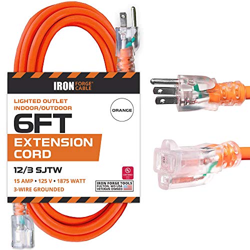 6 Ft Lighted Outdoor Extension Cord - 12/3 SJTW Heavy Duty Orange Cable with 3 Prong Grounded Plug for Safety