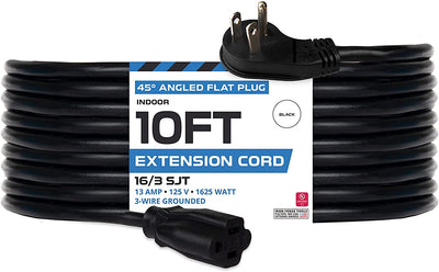 10 Ft Extension Cord with 45¬∞ Angled Flat Plug - 16/3 SJT Low Profile Durable Black Indoor Cable