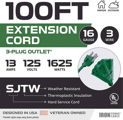 100 Ft Outdoor Extension Cord with 3 Electrical Power Outlets - 16/3 SJTW Durable Green Cable with 3 Prong Grounded Plug for Safety