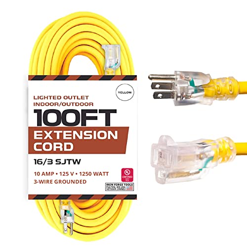 100 Ft Lighted Extension Cord - 16 Gauge- Yellow