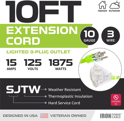 10 Ft Outdoor Extension Cord - 3 Outlets-10/3 Neon Green-10 Gauge-3 Prong Plug