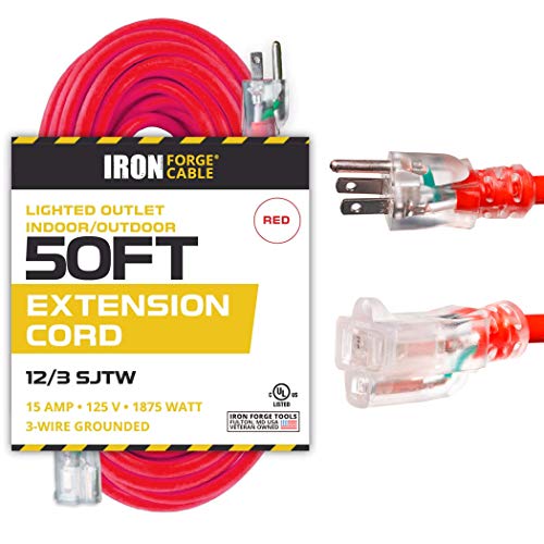 50 Ft Lighted Extension Cord - 12/3 SJTW Heavy Duty Red Outdoor