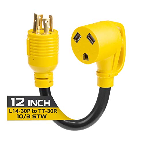 Iron Forge Cable 30 Amp Male to 30 Amp Female RV Electrical Adapter Power Cord, 12 Inch - 10/3 STW L14-30P Locking 4 Prong Plug to TT-30R, Yellow