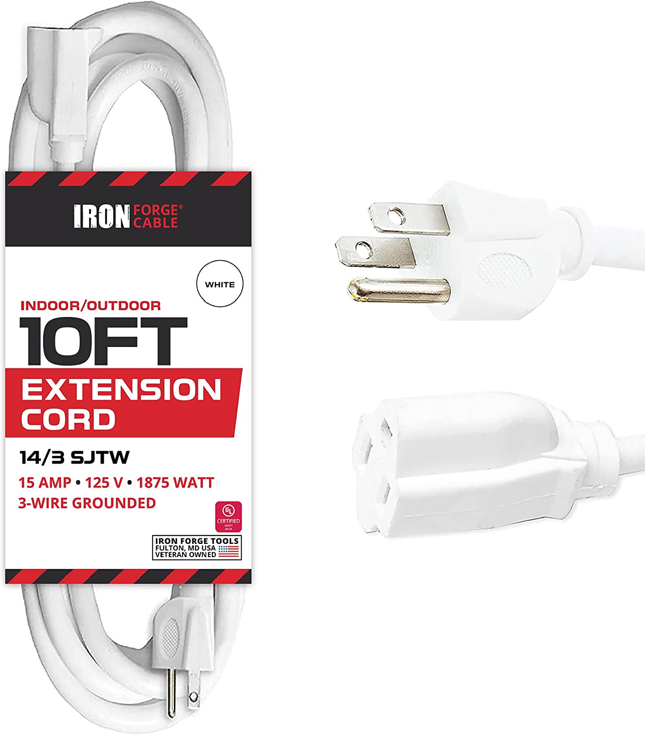 10 Foot Outdoor Extension Cord -14 Gauge- White