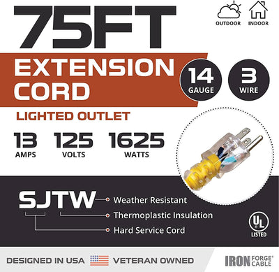 75 Foot Lighted Outdoor Extension Cord - 14/3 SJTW Heavy Duty Yellow Extension Cable with 3 Prong Grounded Plug for Safety - Great for Garden and Major Appliances