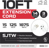 10 Foot Outdoor Extension Cord - 14/3 SJTW Heavy Duty White Cable with 3 Prong Grounded Plug for Safety - Great for Garden and Major Appliances