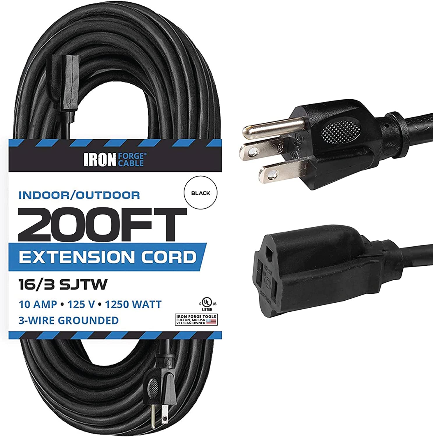 200 Ft Outdoor Extension Cord - 16/3 Durable Black Cable with 3 Prong Grounded Plug for Safety