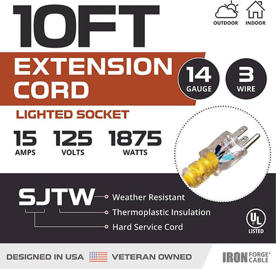 10 Foot Lighted Outdoor Extension Cord - 14/3 SJTW Heavy Duty Yellow Extension Cable with 3 Prong Grounded Plug for Safety - Great for Garden and Major Appliances
