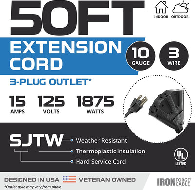 50 Foot Outdoor Extension Cord with 3 Electrical Power Outlets - 10/3 SJTW Black 10 Gauge Extension Cable with 3 Prong Grounded Plug for Safety