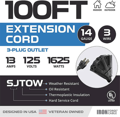 100 Ft Black Oil Resistant Extension Cord with 3 Electrical Power Outlets for Farms and Ranches - 14/3 SJTOW Heavy Duty Cable with 3 Prong Grounded Plug for Safety
