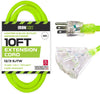 10 Foot Outdoor Extension Cord with 3 Electrical Power Outlets - 12/3 SJTW Neon Green High Visibility 12 Gauge Lighted Extension Cable with 3 Prong Grounded Plug for Safety
