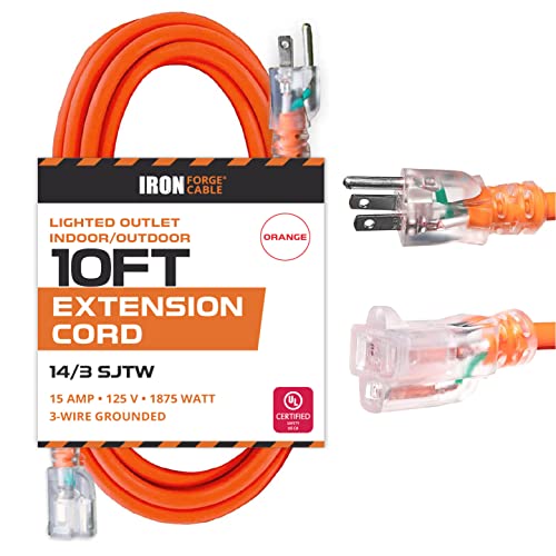 10 Ft Outdoor Extension Cord, Lighted - 14/3 SJTW Heavy Duty Orange Extension Cable with 3 Prong Grounded Plug for Safety - Great for Garden & Major Appliances