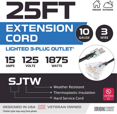 25 Foot Outdoor Extension Cord with 3 Electrical Power Outlets - 10/3 SJTW Black 10 Gauge Extension Cable with 3 Prong Grounded Plug for Safety