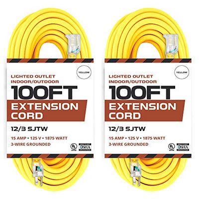 2 Pack of 100 Foot Lighted Outdoor Extension Cord - 12/3 SJTW Heavy Duty Yellow Extension Cable Extension Cable with 3 Prong Grounded Plug for Safety - Great for Garden and Major Appliances