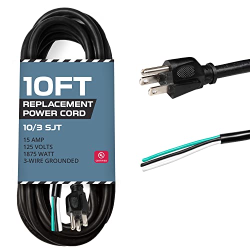 10 AWG Replacement Power Cord with Open End - 10 Ft Black Extension Cable