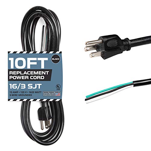 16 AWG Replacement Power Cord with Open End - 10 Ft Black Extension Cable, 16/3 SJT, NEMA 5-15P