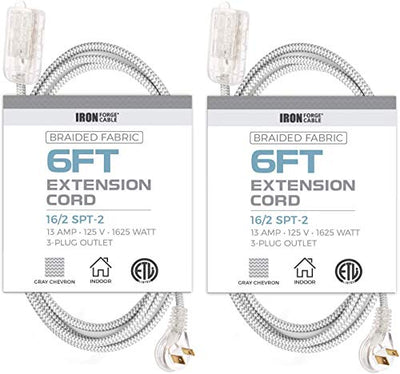 6Ft Fabric Extension Cord 2 Pack - 16/2 SPT-2 Gray Chevron Braided Cloth Electrical Power Cable Set