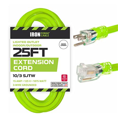 25 Ft Outdoor Extension Cord-10/3 Neon Green, 10 Gauge Cable-3 Prong Plug