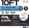 10 Ft All Weather Extension Cord with 3 Electrical Power Outlets - Stays Flexible in Extreme Cold & Hot Temperatures from -58¬¨¬®‚Äö√†√ªF to +221¬¨¬®‚Äö√†√ªF - 12/3 SJEOW Heavy Duty Lighted Outdoor Cable