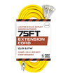 75 Foot Lighted Outdoor Extension Cord with 3 Electrical Power Outlets - 12/3 SJTW Heavy Duty Yellow Extension Cable with 3 Prong Grounded Plug for Safety